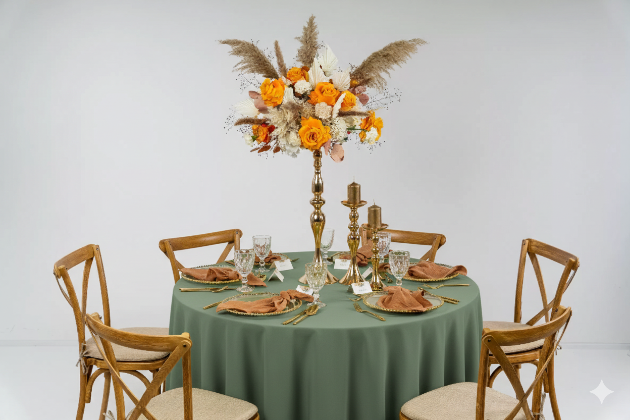 Oliwkowy obrus na wynajem na okrągłym stole weselnym, udekorowany białymi kwiatami i złotymi sztućcami – luksusowa aranżacja w stylu Tuscan Wedding