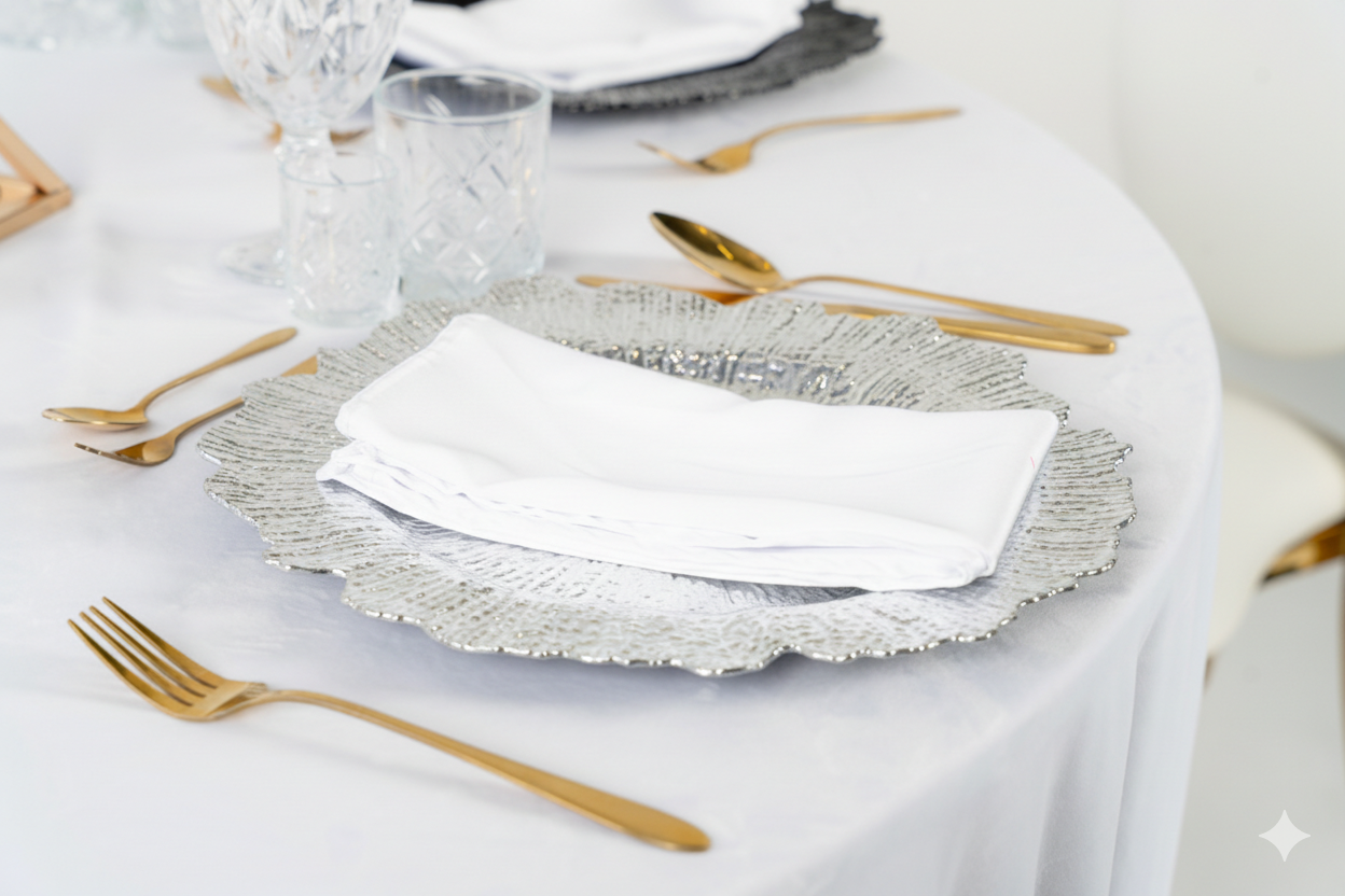 rebrny podtalerz liść w aranżacji Winter Wonderland – elegancka zastawa stołowa z efektem mrożonego szkła i metalu na wesele