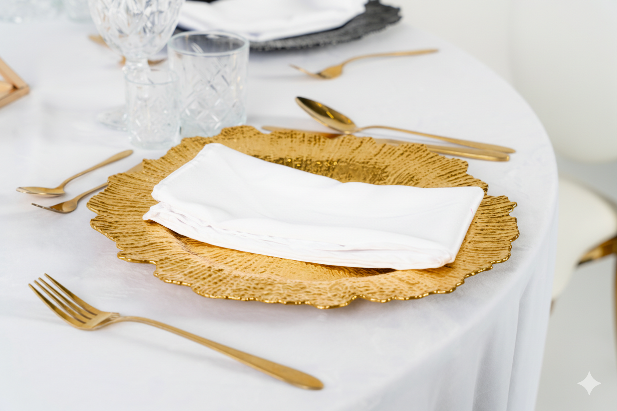 Złoty podtalerz dekoracyjny w kształcie liścia monstery – luksusowa podkładka pod talerz na wynajem, idealna na eleganckie wydarzenia