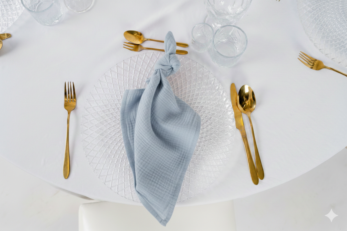Serwetka muślinowa w kolorze dusty blue na wynajem – bawełniana, gnieciona tkanina w odcieniu przygaszonego, gołębiego błękitu