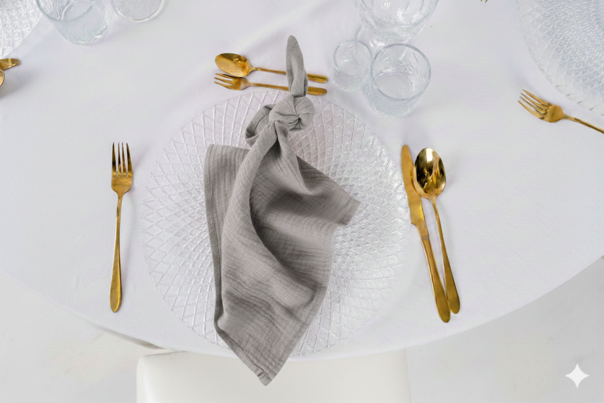 Serwetka muślinowa gołąbkowa na wynajem – jasnoszara, gnieciona bawełna o miękkiej teksturze i naturalnym splocie