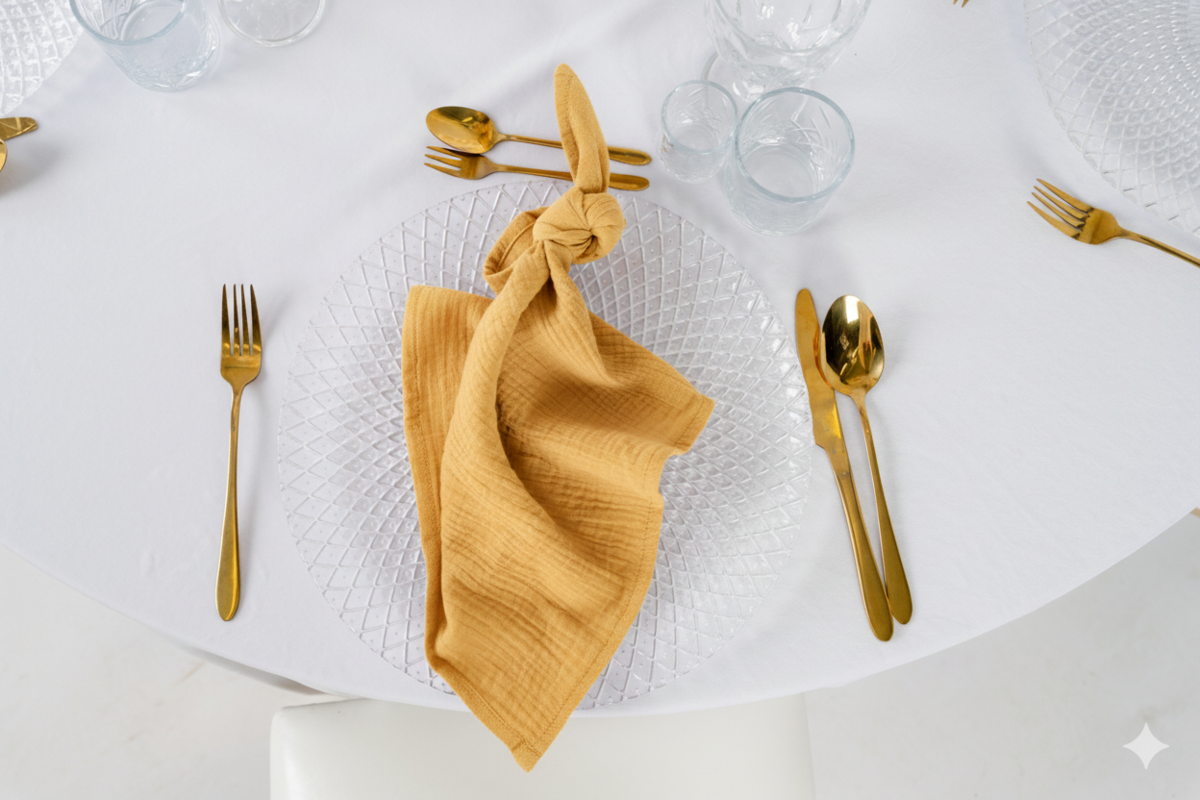 Serwetka muślinowa w kolorze terakoty zawiązana w supeł na talerzu – dekoracja stołu w stylu Boho, wynajem tekstyliów z gazy bawełnianej na wesela