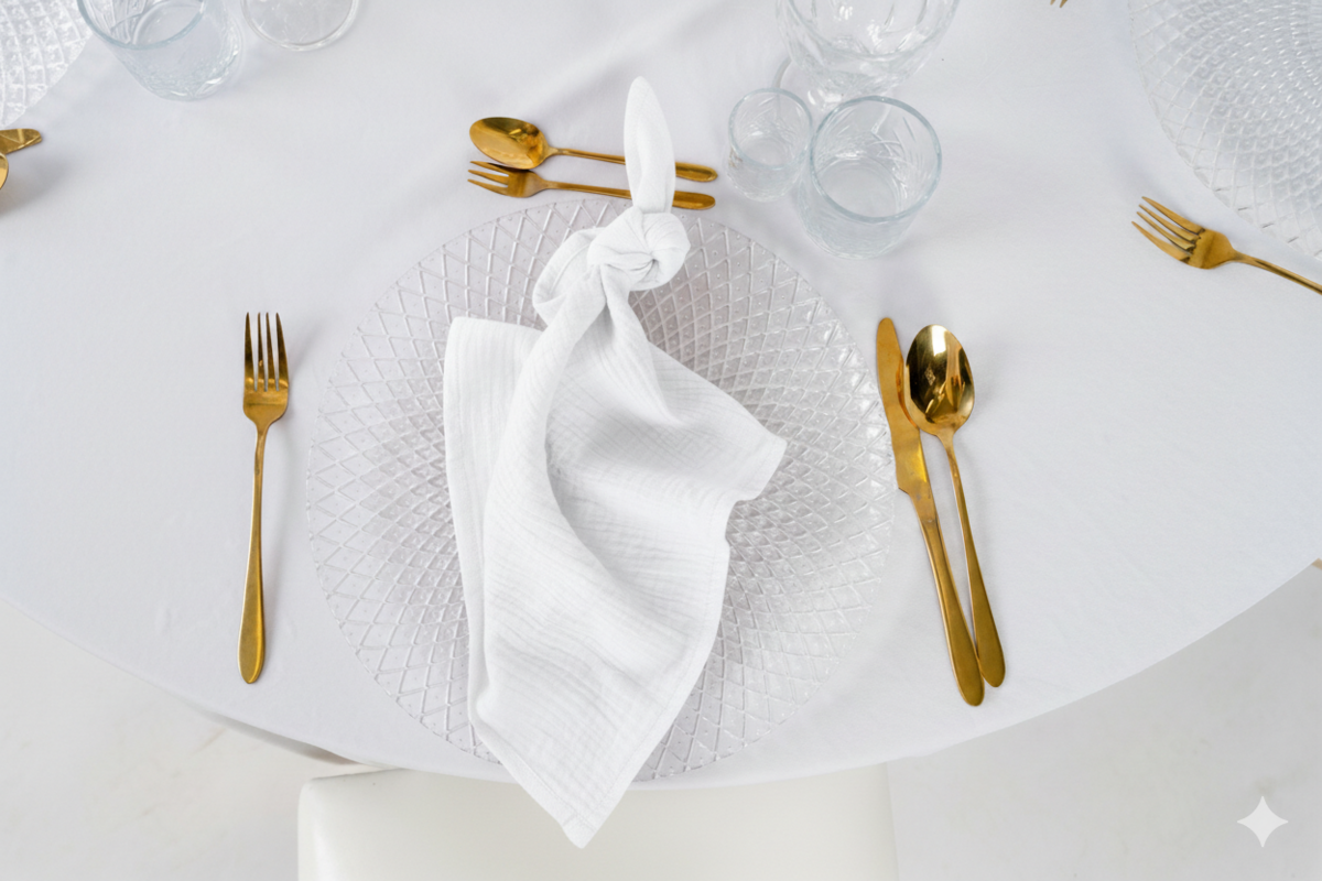 Biała serwetka muślinowa na wynajem – naturalna gnieciona bawełna o miękkiej strukturze, idealna na eleganckie przyjecia