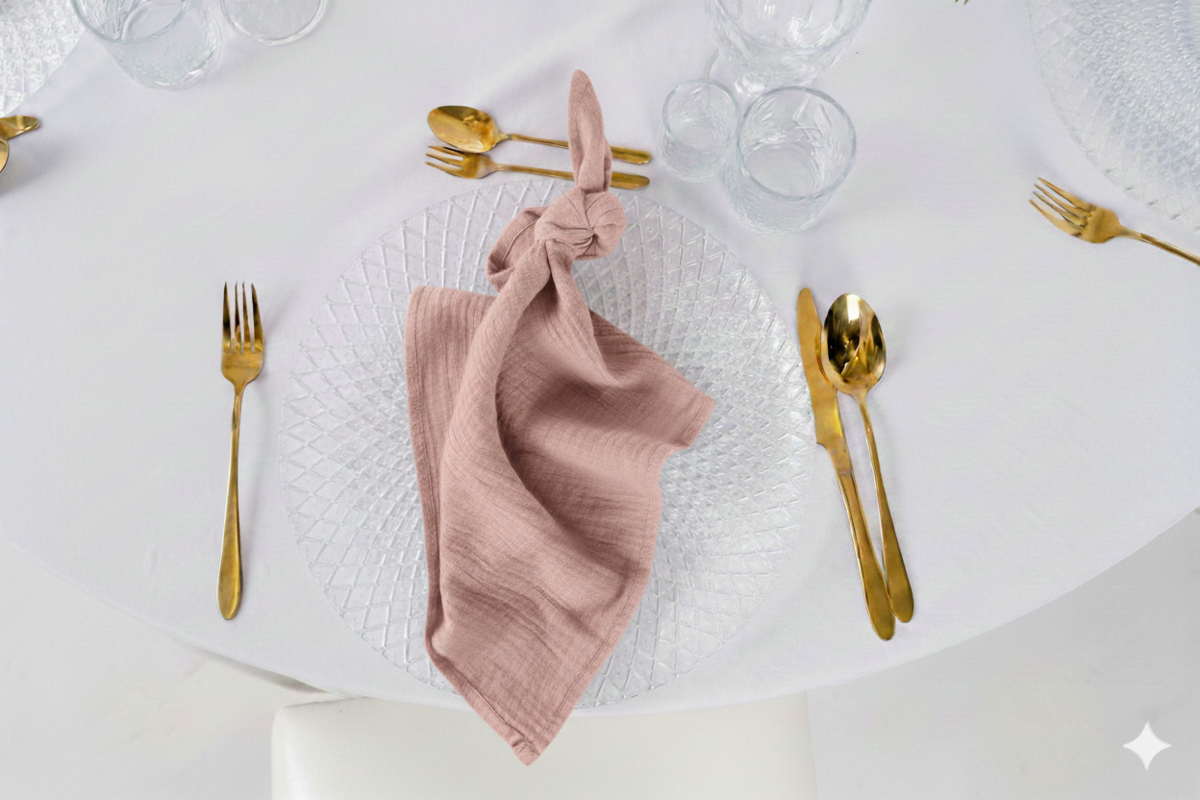 Serwetka muślinowa w kolorze dusty pink na wynajem – naturalna gnieciona bawełna w odcieniu brudnego różu o strukturze crinkle