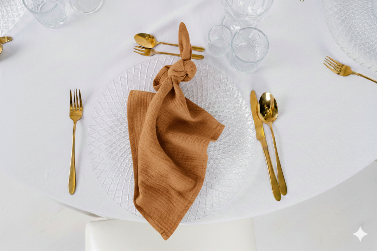 Serwetka muślinowa w kolorze karmelowym na wynajem – bawełniana tkanina w ciepłym, brązowym odcieniu o strukturze crinkle
