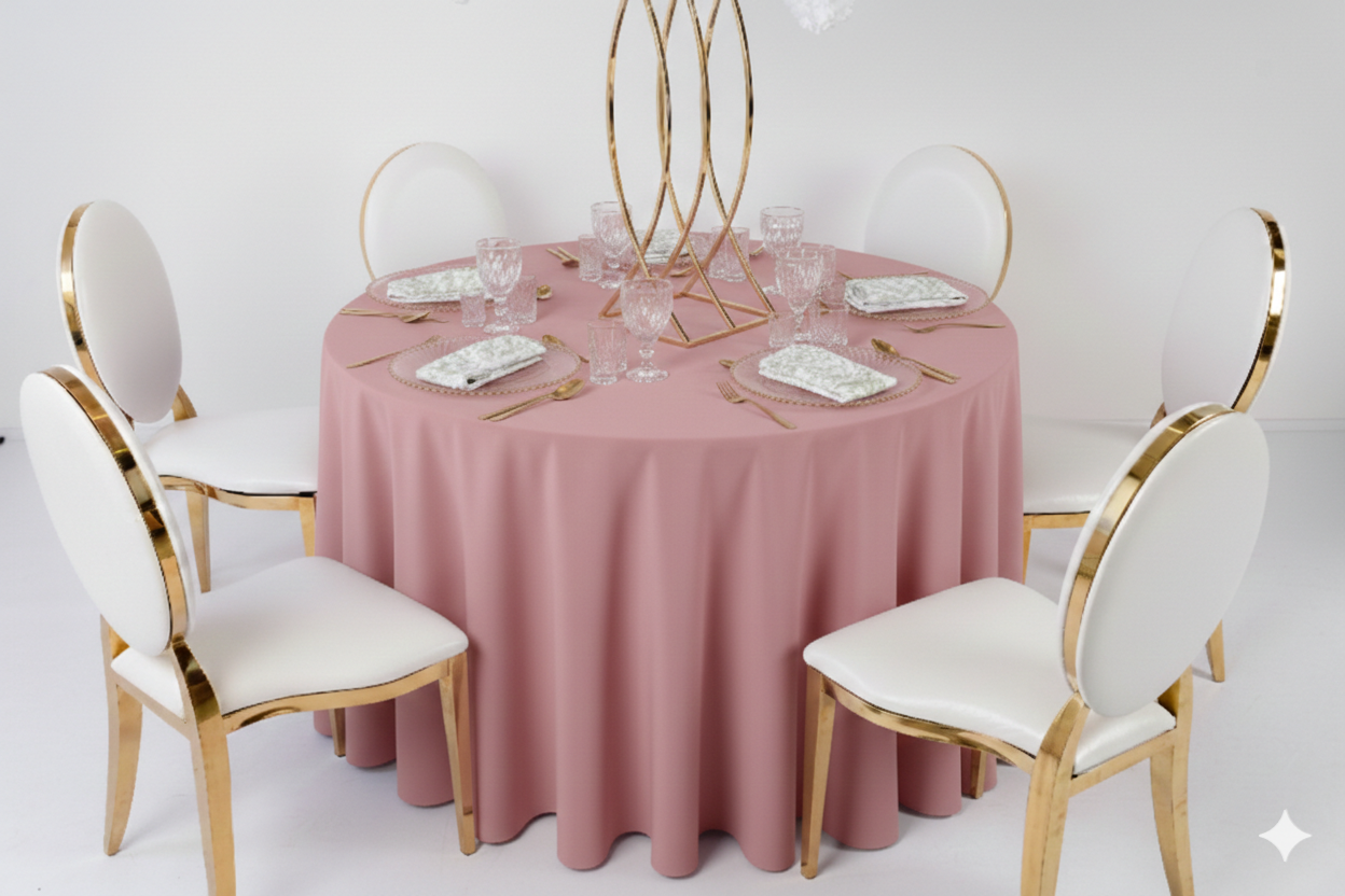 Gładki obrus stary róż zbliżenie na tkaninę – luksusowy materiał na eventy, odcień brudnego różu o wysokiej gramaturze, wypożyczalnia tekstyliów