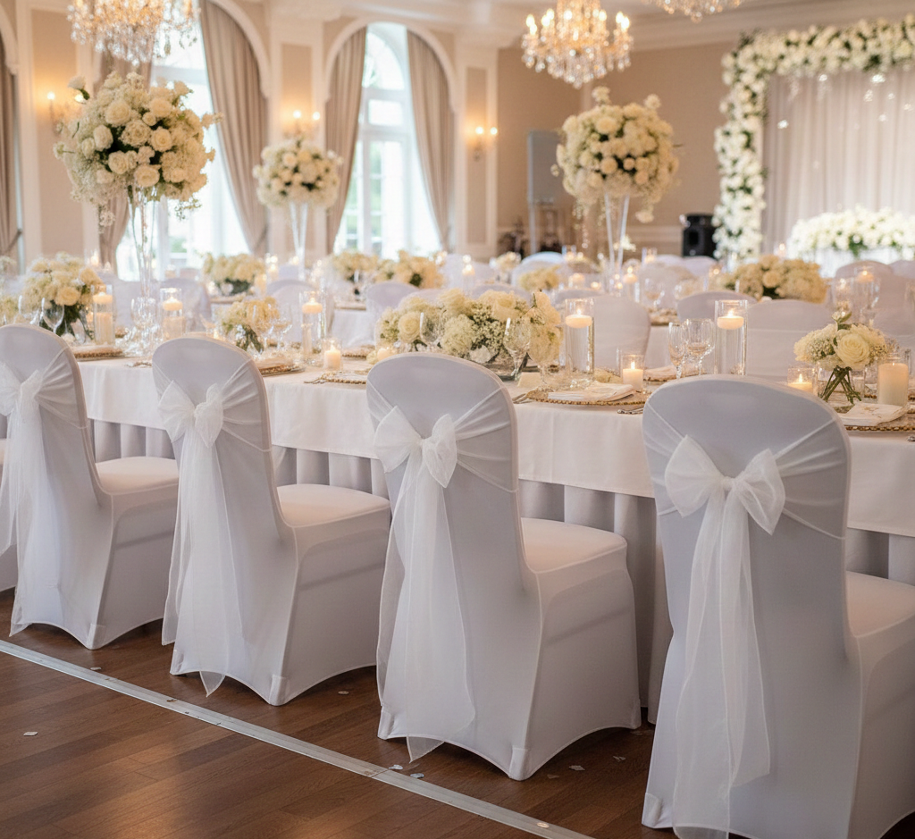 Białe pokrowce elastyczne na krzesła ISO – profesjonalny wynajem pokrowców spandex na eventy i konferencje, dopasowany krój premium