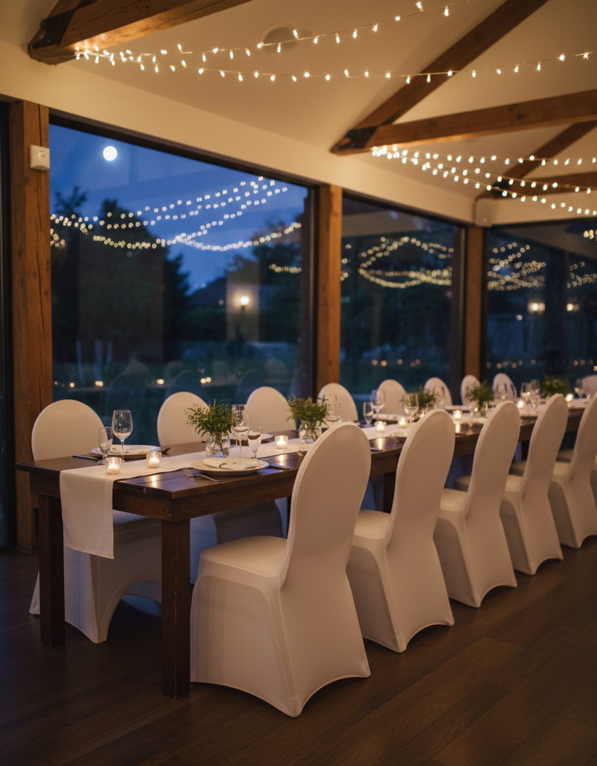 Elegancki biały pokrowiec na krzesło z matowej tkaniny – wypożyczalnia pokrowców na krzesła weselne, stylizacja stołu weselnego Fine Art