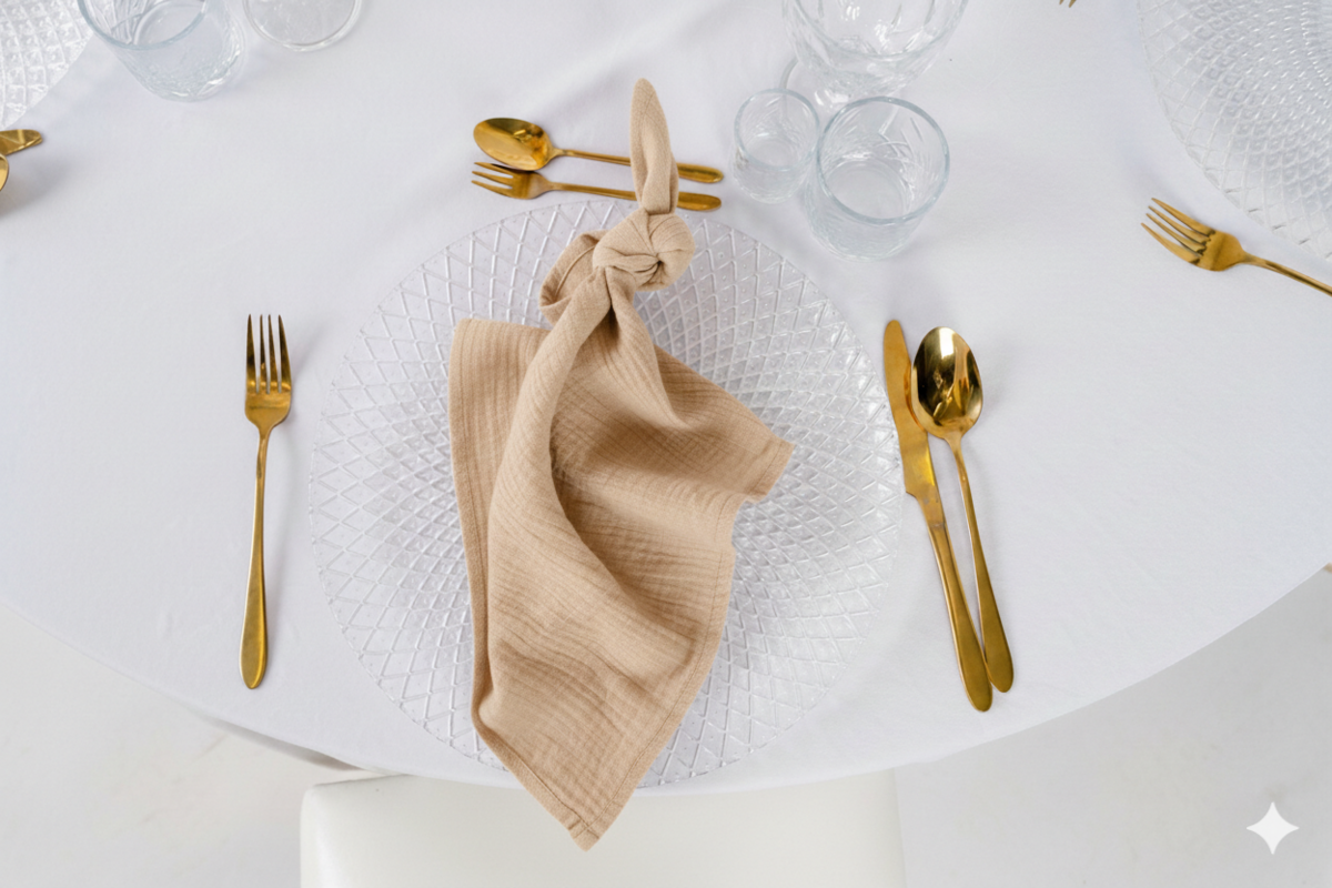 Beżowa serwetka muślinowa na wynajem – naturalna, gnieciona bawełna w kolorze piaskowym/nude o strukturze crinkle